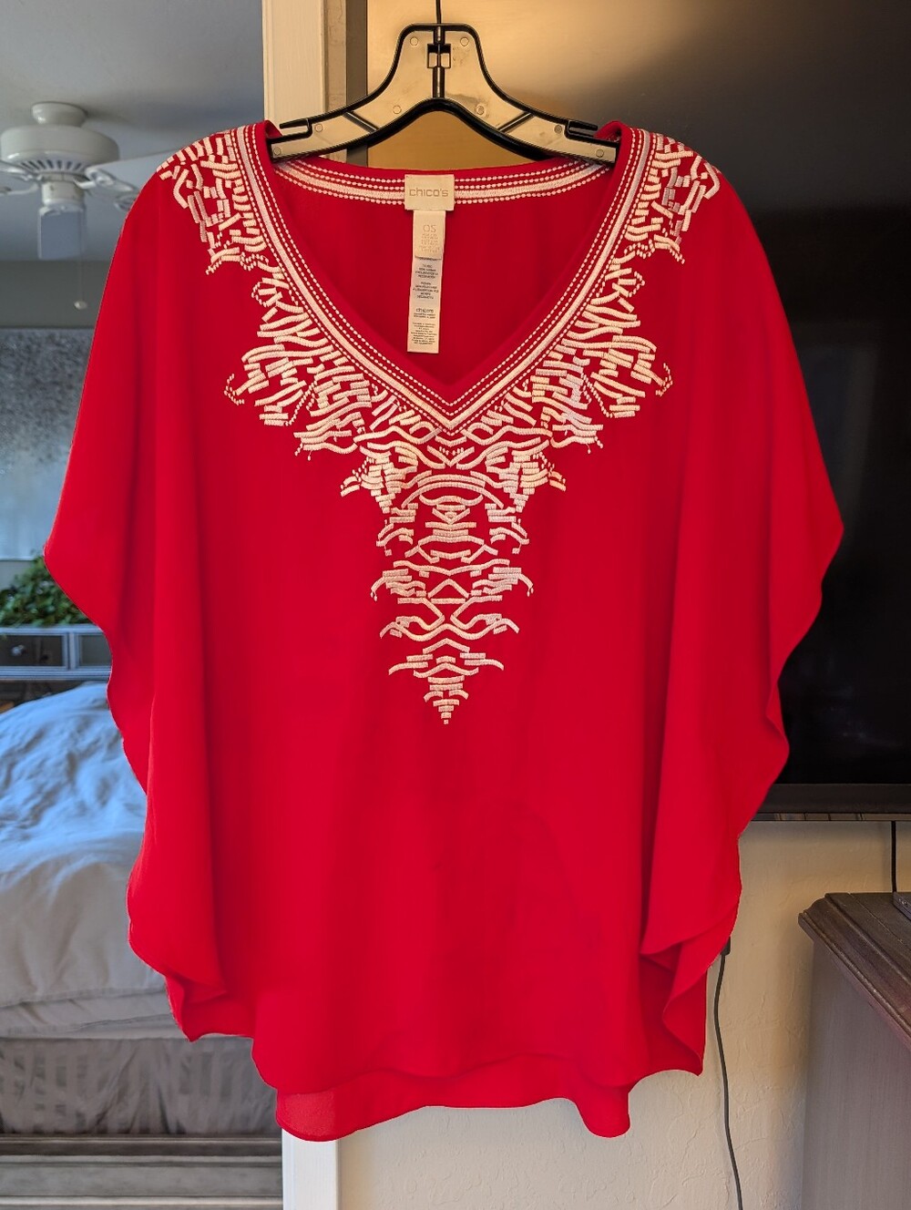 Chico's Red Embroidered V-Neck Kaftan Tunic Top - Boho Resort Wear - OSFA